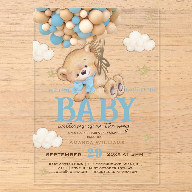 Teddy Bear Blue Balloons Babydusche Acryleinladungen (Vorderseite)