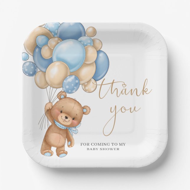 Teddy Bear Blue Balloons Babydusche Danke Pa Pappteller (Vorderseite)