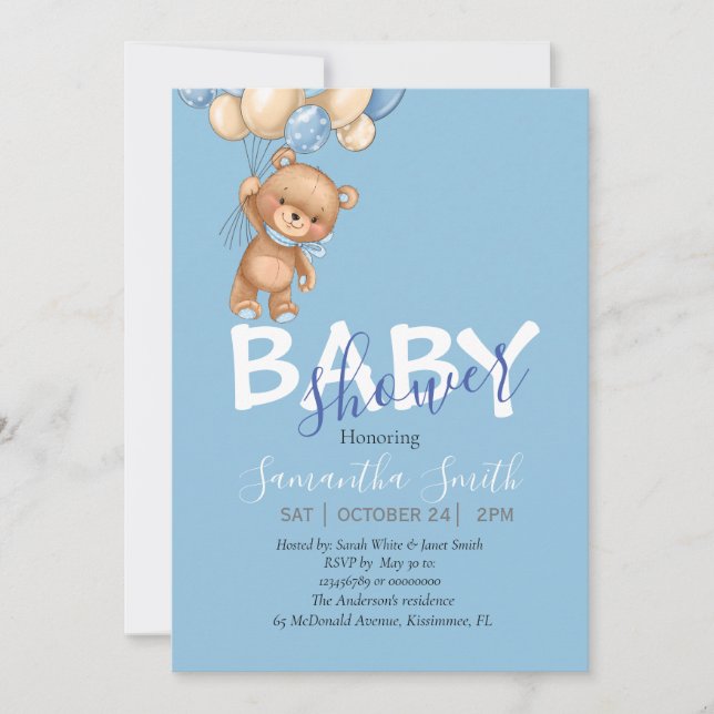 Teddy Bear, Blue Balloons Babydusche Einladung (Vorderseite)