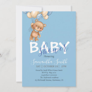Teddy Bear, Blue Balloons Babydusche Einladung