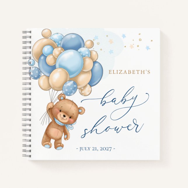 Teddy Bear Blue Balloons Babydusche Gästebuch Notizbuch (Vorderseite)