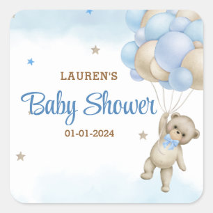 Teddy Bear Blue Balloons Babydusche Quadratischer Aufkleber