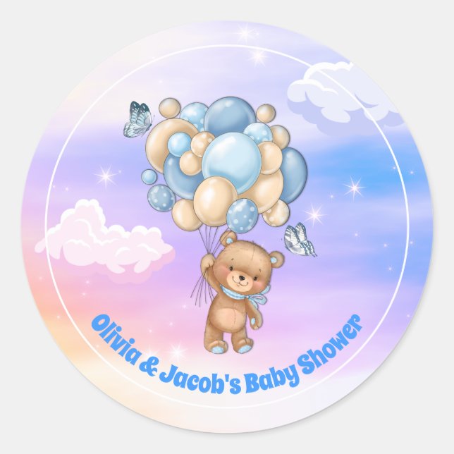 Teddy Bear Blue Balloons Babydusche Runder Aufkleber (Vorderseite)