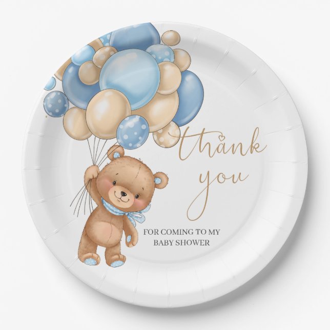 Teddy Bear Blue Balloons Babydusche Vielen Dank Pappteller (Vorderseite)