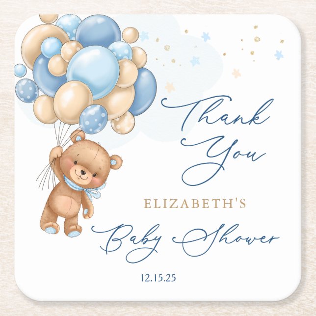 Teddy Bear Blue Balloons Babydusche Vielen Dank Rechteckiger Pappuntersetzer (Vorderseite)