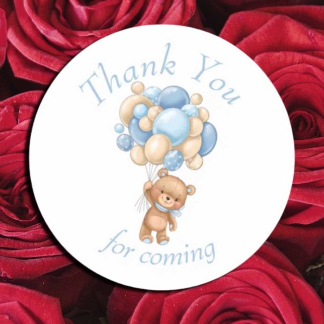 Teddy Bear Blue Balloons Babydusche Vielen Dank Runder Aufkleber (We can Bearly Wait, Thank You sticker)