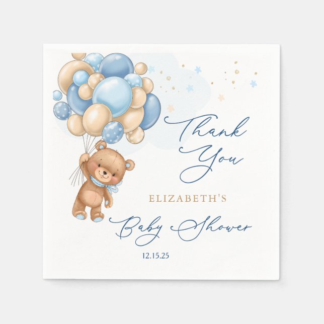 Teddy Bear Blue Balloons Babydusche Vielen Dank Serviette (Vorderseite)