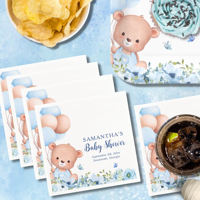 Teddy Bear Blue Balloons Bearly Wait Baby Dusche Serviette (Blue Teddy Bear Baby Shower napkin for a baby boy with wildflowers and butterflies.)