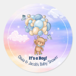 Teddy Bear Blue Balloons Boy Baby Dusche Runder Aufkleber