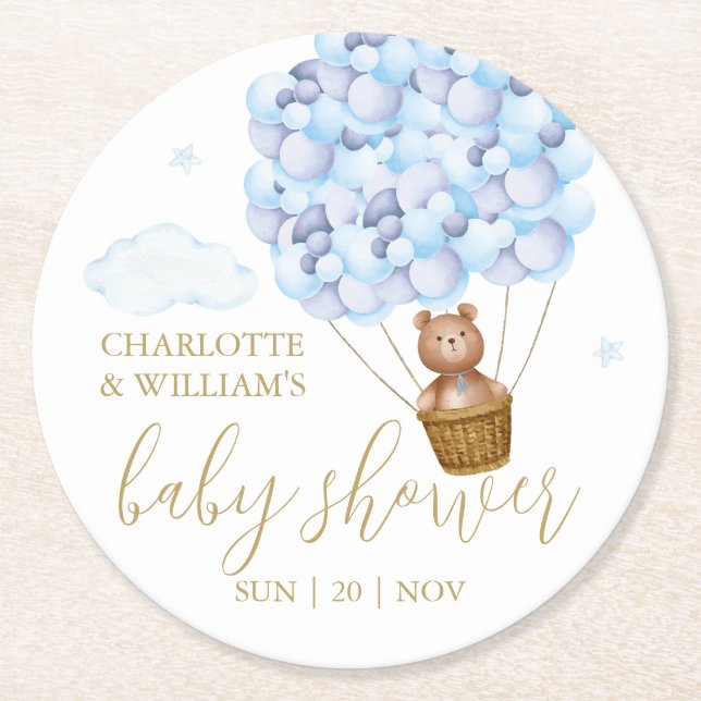 Teddy Bear Blue Balloons Boy Baby Dusche Runder Pappuntersetzer (Vorderseite)