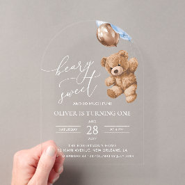Teddy Bear, Blue Balloons, erster Geburtstag Acryleinladungen