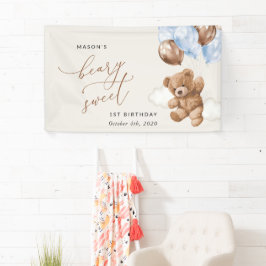 Teddy Bear, Blue Balloons, Erster Geburtstag Willk Banner