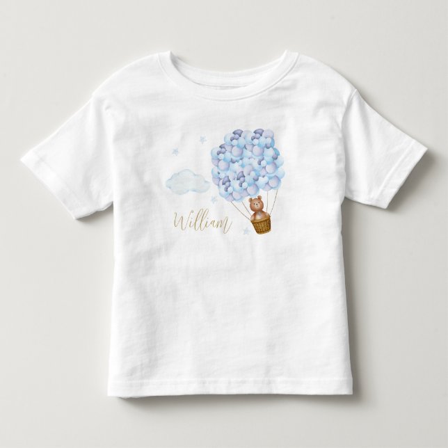 Teddy Bear Blue Balloons Gold Script Kleinkind T-shirt (Vorderseite)