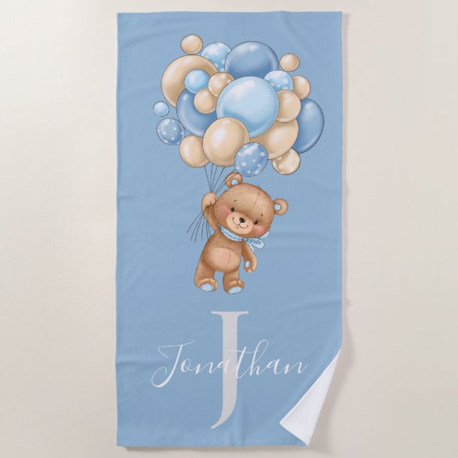 Teddy Bear Blue Balloons Strandtuch für Kinder (Vorderseite)