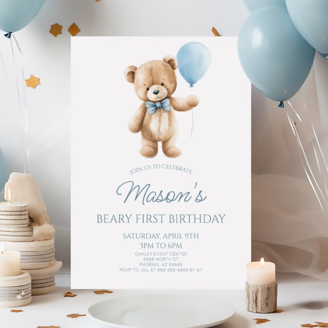 Teddy Bear Blue Beary First 1st Birthday Party Einladung (Von Creator hochgeladen)