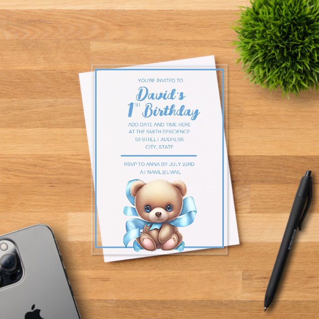 Teddy Bear Blue Birthday Akryllische Einladung (Insitu (Einladungskarte))