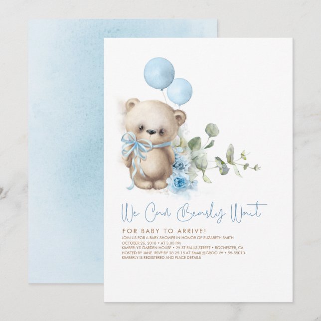 Teddy Bear Blue Blumen und Greenery Baby Dusche Einladung (Vorne/Hinten)