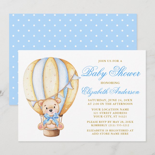 Teddy Bear Blue Bow Air Ballon Dots Baby Dusche Einladung (Vorne/Hinten)