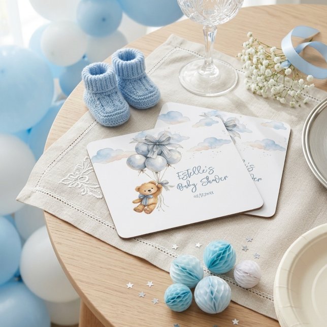 Teddy Bear Blue Bow Balloons Clouds Baby Boy Rechteckiger Pappuntersetzer (Von Creator hochgeladen)