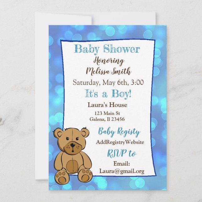 Teddy Bear Blue Boy Baby Shower Invitations (Devant)
