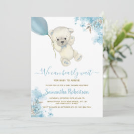 Teddy Bear Blue Floral Balloon Babydusche Einladung