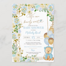 Teddy Bear Blue Floral Balloons Boy Baby Dusche