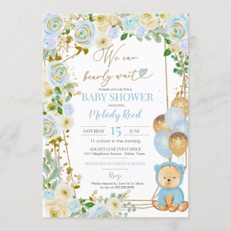 Teddy Bear Blue Floral Balloons Boy Baby Dusche Einladung