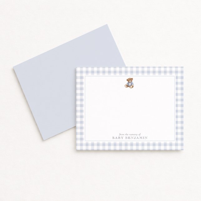 Teddy Bear Blue Gingham Preppy Nursery Note Card Einladung (Von Creator hochgeladen)