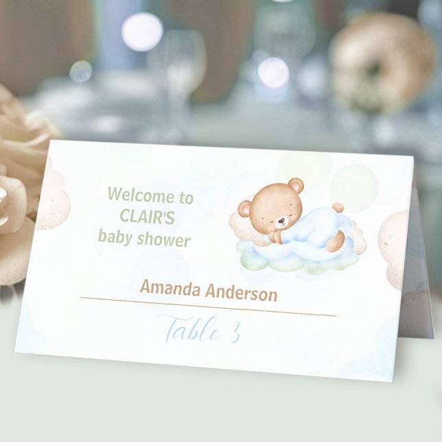 Teddy Bear Blue Green Boy Baby Dusche Zelt Platzkarte (Teddy Bear Blue Green Boy Baby Shower Tent Place Card)