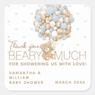 Teddy Bear Blue Heart & Balloon Baby Boy Show Quadratischer Aufkleber