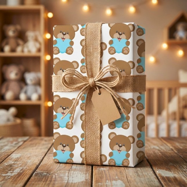 Teddy Bear Blue Heart Wrapping Paper Sheet Geschenkpapier Set (Teddy Bear Blue Heart Wrapping Paper Sheet )