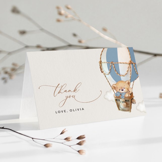 Teddy Bear, Blue Hot Air Ballon, Babydusche Dankeskarte (Von Creator hochgeladen)