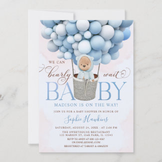 Teddy Bear Blue Hot Air Ballon Babydusche Einladung