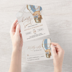 Teddy Bear, Blue Hot Air Ballon, erster Geburtstag All In One Einladung