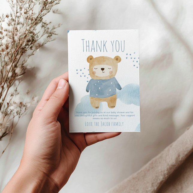 Teddy Bear Blue Junge Dusche Niedlich vielen Dank Dankeskarte (Blue sleepy bear baby shower boy thank you card)