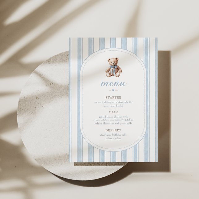 Teddy Bear Blue Minimalistisch Menu Menükarte (Von Creator hochgeladen)