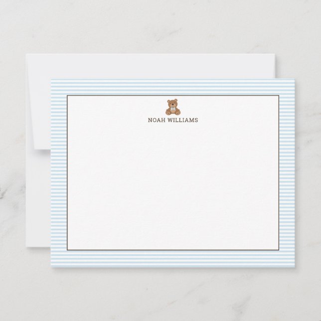 Teddy Bear Blue Stripes Personalized Stationery Mitteilungskarte (Vorderseite)