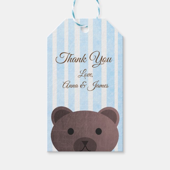 Teddy Bear Blue Striping Vielen Dank Tag Geschenkanhänger (Vorderseite)