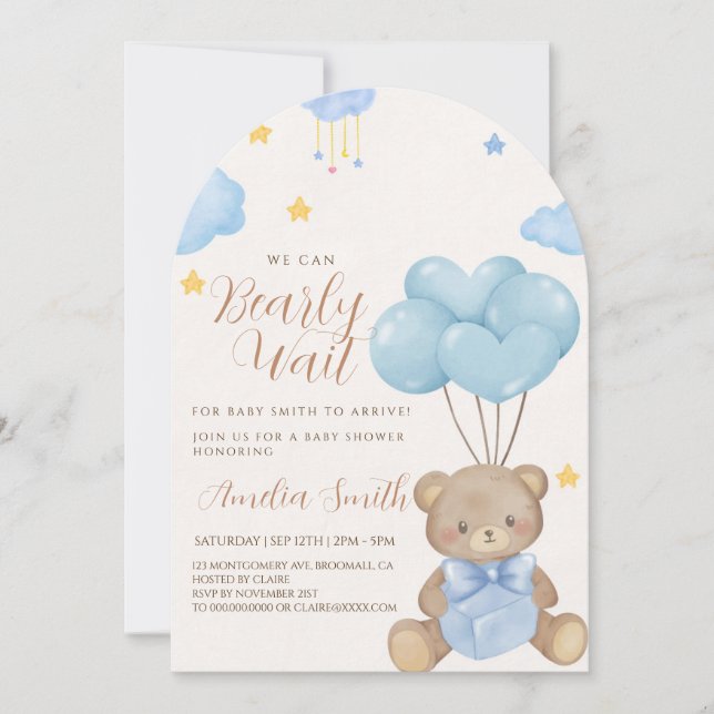Teddy Bear Blue Tan Balloons Babydusche Einladung (Vorderseite)