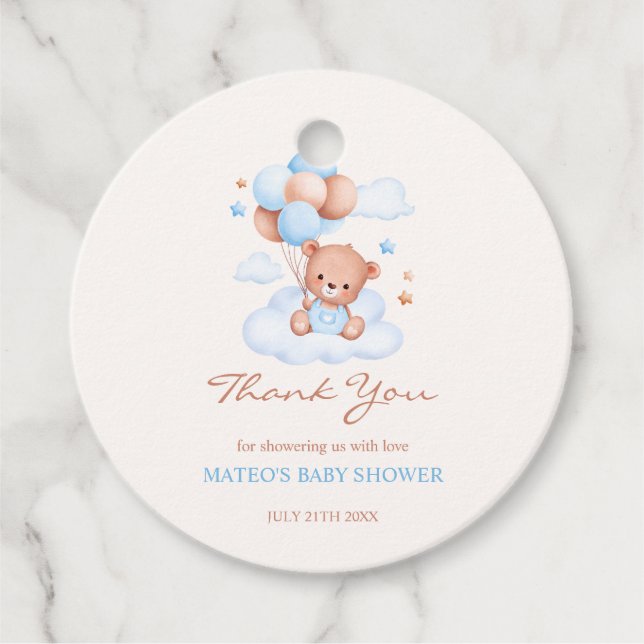 Teddy Bear Blue Tan Balloons Boy Baby Dusche Geschenkanhänger (Vorderseite)