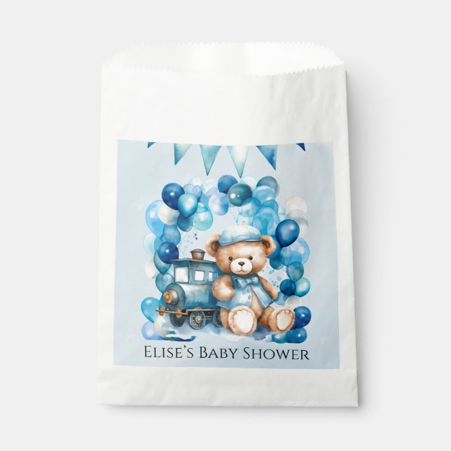 Teddy Bear Blue Train Boy Baby Dusche Geschenktütchen (Vorderseite)