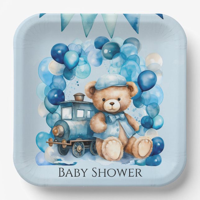 Teddy Bear Blue Train Boy Baby Dusche Pappteller (Vorderseite)
