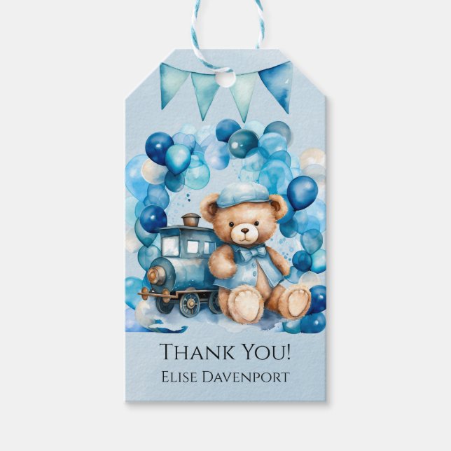 Teddy Bear Blue Train Boy Baby Dusche Vielen Dank Geschenkanhänger (Vorderseite)