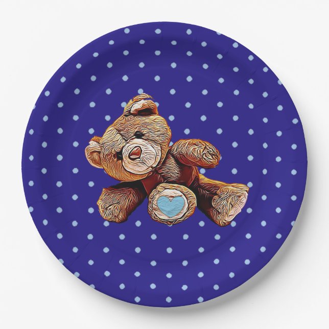 Teddy Bear Blue und Tan Polka Dotted Party Plate Pappteller (Vorderseite)