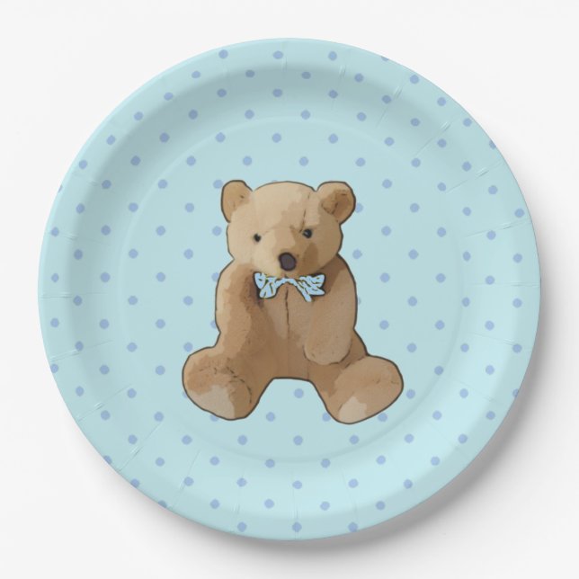 Teddy Bear Blue und Tan Polka Dotted Party Plate Pappteller (Vorderseite)