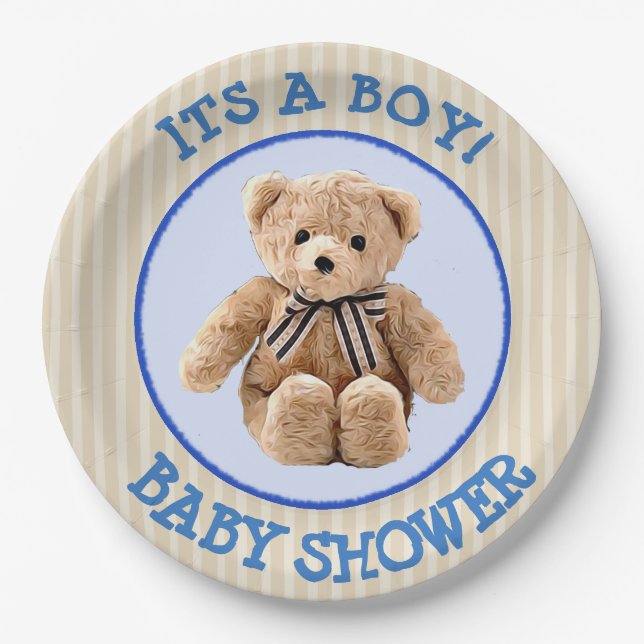Teddy Bear Blue und Tan Polka Dotted Party Plate Pappteller (Vorderseite)