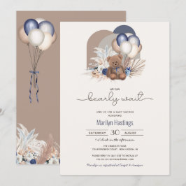 Teddy Bear & Blue White Balloons Boho Baby Dusche Einladung