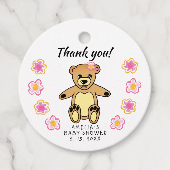 Teddy Bear Blume Babydusche Danke Geschenkanhänger (Vorderseite)