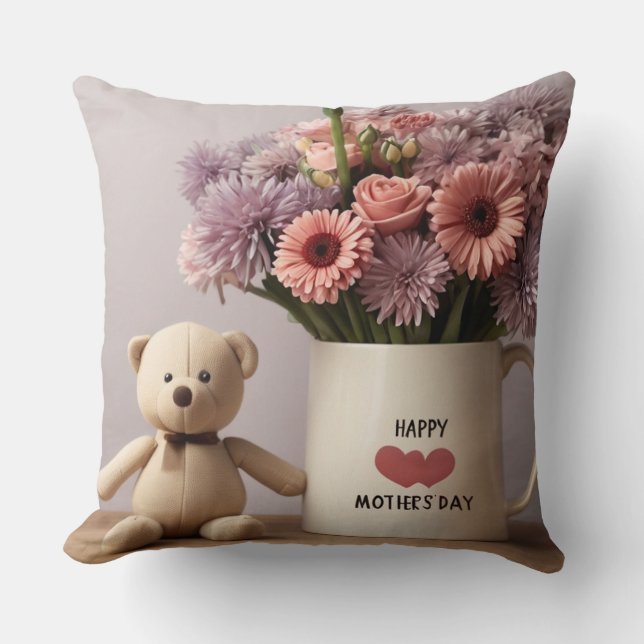 Teddy Bear, Blume & Coffee Tasse Kissen (Vorderseite)