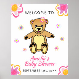 Teddy Bear Blume Floral Baby Dusche Begrüßungszeic Poster